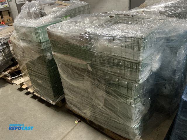 Lot 2-67195 - Large skid lot of dishwares including white coffee cups, glass champagne glasses, plastic silver cha...