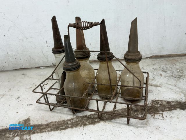 Lot 2-74490 - Antique Glass Oil Jugs with Wire Basket