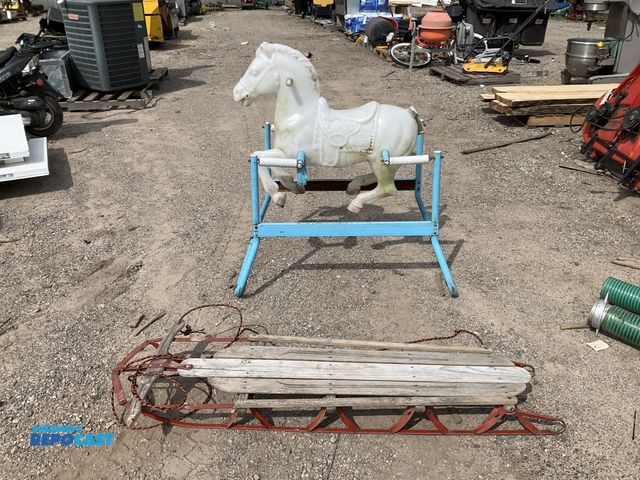 Lot 2-96119 - Kids ride-on plastic horse with metal stand and a Wooden Sled