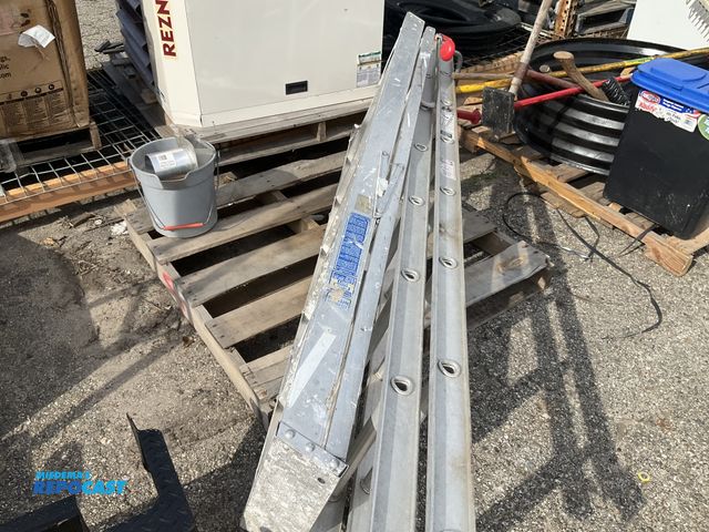 Lot 2-91356 - lot of items including eye hooks, dryer vent, extension ladder, step ladder