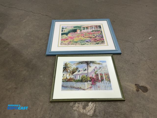 Lot 2-69423 - (2) painted picture frames including a 29”x25” island house and a 39”x33” flower landscape