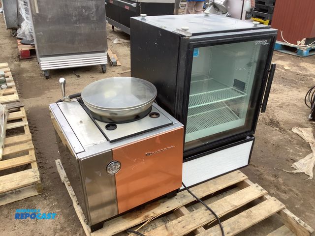 Lot 2-92078 - Skid lot of medium sized fridge 2 shelves 24” x 24” 36” and Starbucks espresso and milk steamer mach...