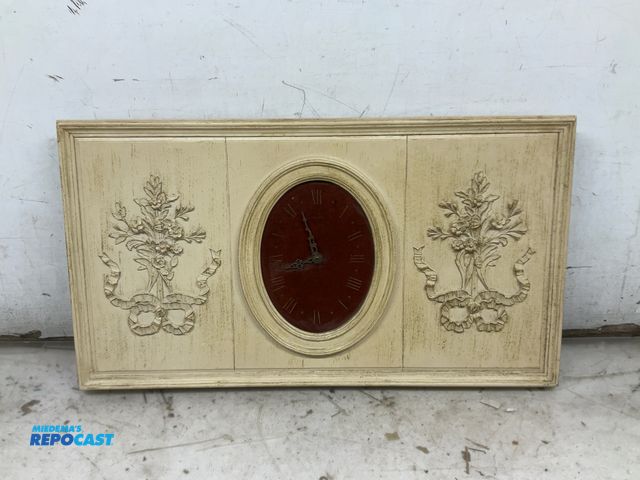 Lot 2-99218 - Vintage 26.75”x14.75” white wooden frame hangable wall clock