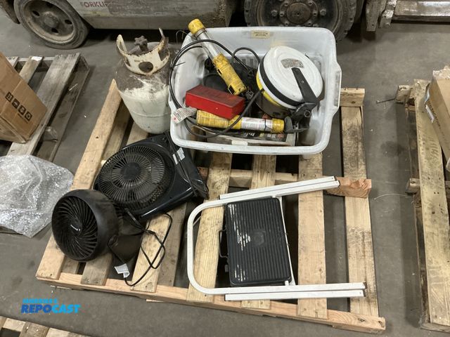 Lot 2-73126 - Skid lot of Miscellaneous Garage Items Including Fans, Step Stool, Propane Tank, Extension Cord Reel...