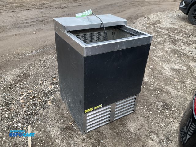 Lot 2-60840 - (1) Krowns fridge/freezer not sliding door/top with display shelf on top half 24” x 24” x 34”