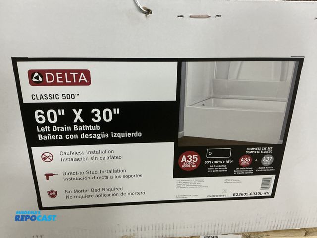 Lot 2-23853 - Delta Classic 500 60”x30” Left Drain Bathtub, 18” tall, White, B23605-6030L-WH