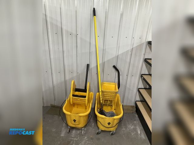 Lot 2-23908 - Lot of (2) Tough Guy brand mop buckets with wringers and (1) mop