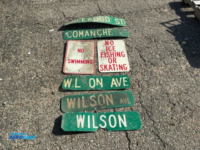 Lot 2-67757 - Lot of (5) street signs, (1) no swimming sign, &amp; (1) no ice fishing or skating sign.