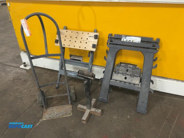 Lot 2-40411 - Lot of (1) 2-Wheel Dolly, (1) Adjustable Roller Stand, (2) 24" Folding Sawhorses, and (1) Performax ...