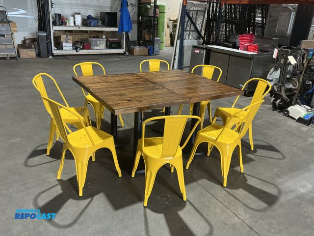 Lot 2-49920 - 12 Piece Dining Set Including: 4 Like-New Metal Frame Wooden Top Tables- 30”x24”x30” &amp; 8 Like-Ne...