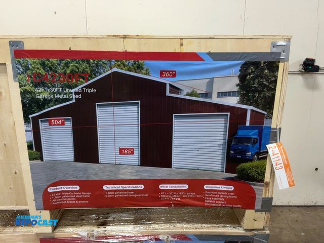 Lot 2-41143 - New SDLANCH 42’ x 30’ Triple Garage Metal Shed, Wine Red, NO DOORS INCLUDED, 1.5 MM Steel Frame, 0.3...