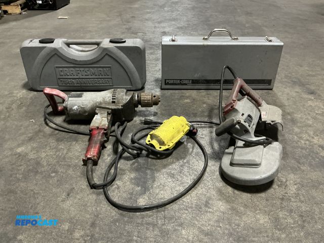 Lot 2-69054 - Lot of different tools like a Milwaukee heavy duty angle drill, portable band saw, porter cable, and...