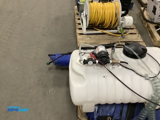 Lot 2-60876 - 2 skids of miscellaneous pest control items including a pump a tank a hose 2 bags of tools and a tub...