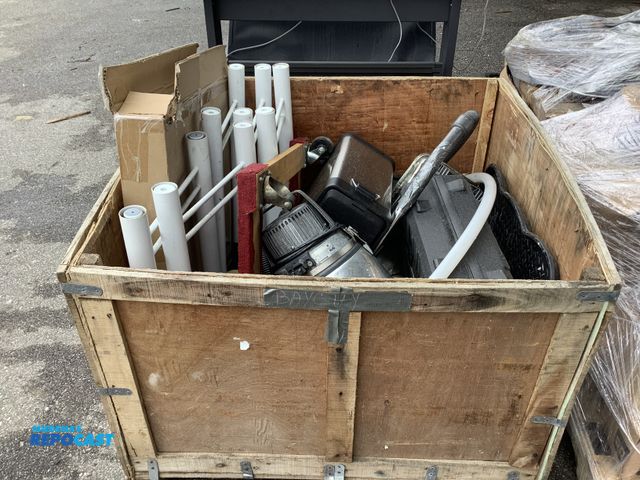 Lot 2-27924 - Crate full of misc. household items, paint roller pans, small vacuum, rolling flat cart, plastic hos...