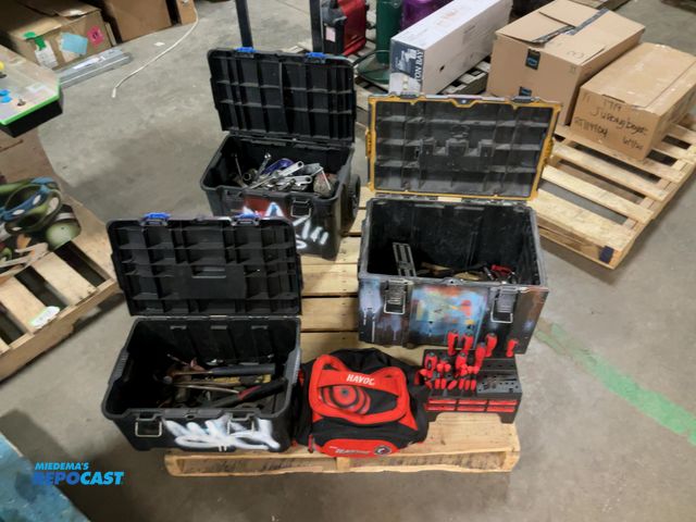 Lot 2-19399 - Lot of (3) Stackable tool boxes with rolling cart, filled with miscellaneous hand tools