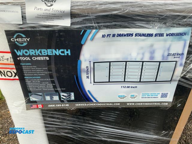 Lot 2-21148 - New Chery Industrial 9'5" 18-Drawer Steel Workbench, Stainless Steel Top, Cabinet Doors, and Drawer ...