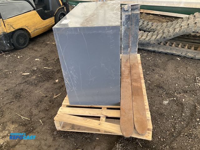 Lot 2-21135 - Set of 4’ Skytrack Forks and a 2 Drawer Metal Cabinet 18”D x 28”H x 36”W