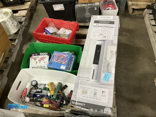 Lot 2-99493 - Skid lot of puzzles, Vissani 3 in 1 cool humidify and fan, sand paper and more.