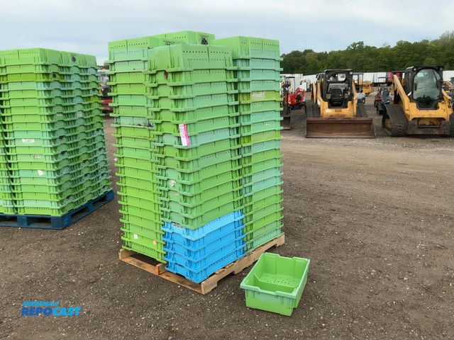 Lot 2-22758 - Skid of (100) Plastic Blueberry Harvest Lugs, stackable, approx. 23-1/2”x15-3/4”x7” tall, most are R...