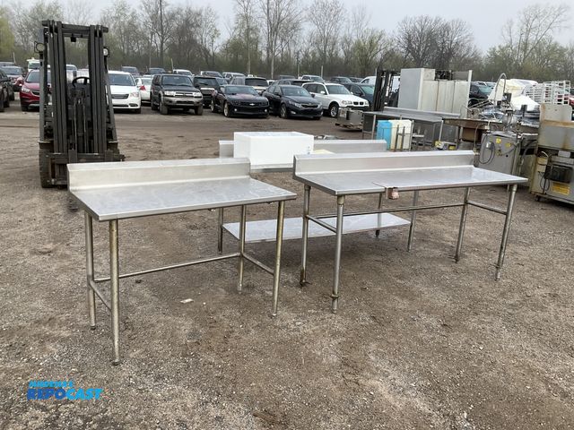 Lot 2-77049 - Lot of (3) Stainless Steel Commercial Kitchen Prep Tables with Built-In Backsplash, 1 with Bottom Sh...