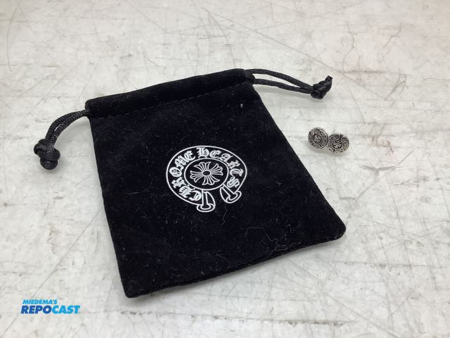 Lot 2-74030 - New Chrome Hearts biker round logo horseshoe earrings, oxidized silver