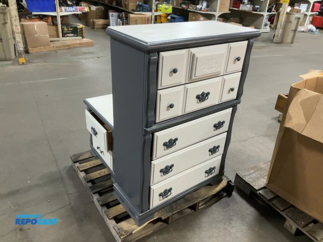 Lot 2-67488 - 5 drawer wooden dresser (36.5”x16.75”x51.5”H) with a pair of 2 drawer matching night stands (25”x17”...