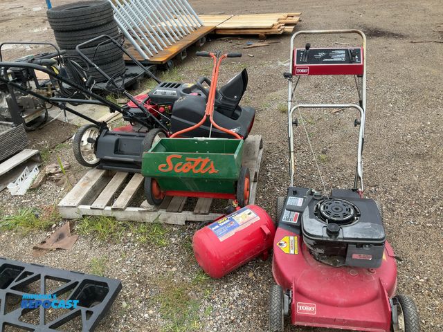 Lot 2-33614 - (1) toro GTS 6.5HP 22” front drive mower, (1) toro push mower (1) MVP pro tech air tank (1) Scott’s ...
