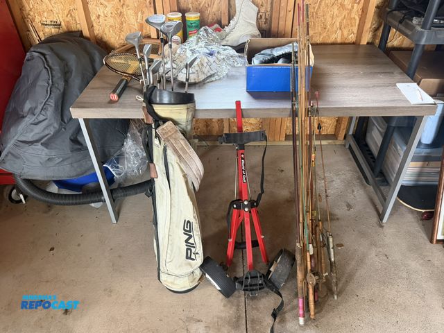 Lot 2-18032 - Lot of various sporting goods (mostly vintage), includes: golf clubs, tennis racquet, racquetball ra...