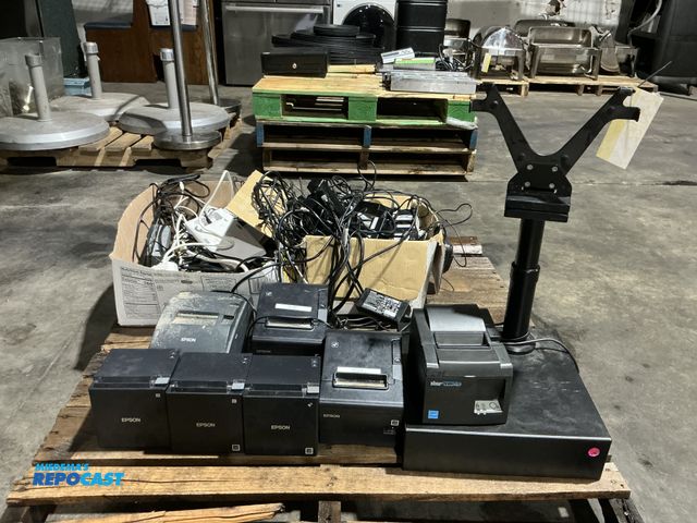 Lot 2-55182 - Lot of (6) Epson receipt printers, also includes (2)  cash drawers with tablet stand, (1) star model...