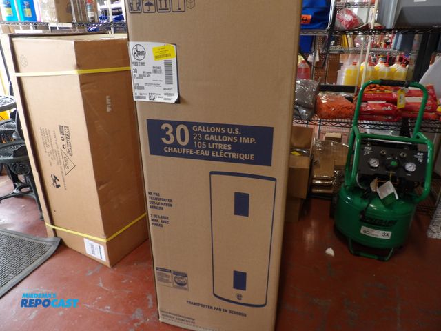 Lot 2-58291 - New overstock RHEEM electric water heater; 240V AC, 30gallon, 4500W single phase, 47.5" ht, 21gph@90...