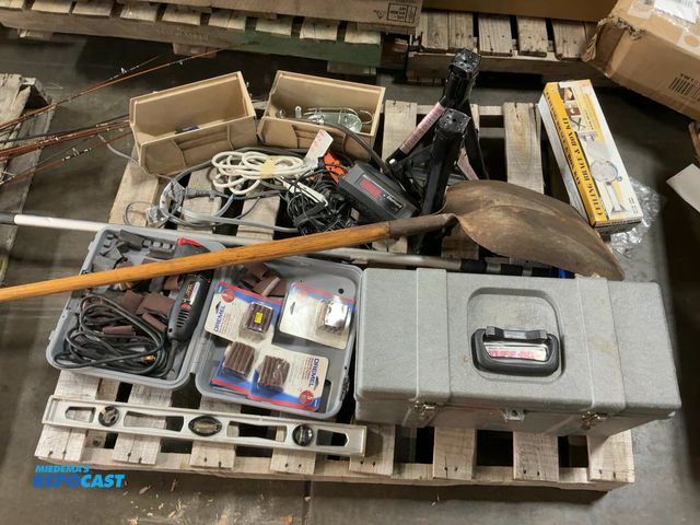 Lot 2-18990 - Lot of miscellaneous items including shovel, tool box, level, sander, extension cords, and more