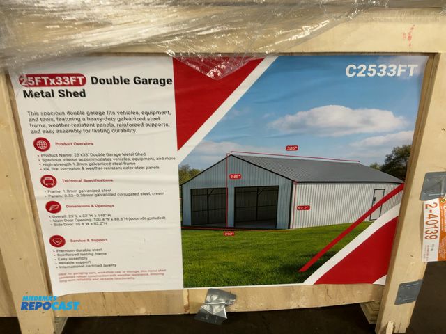 Lot 2-40139 - SDLANCH 25’ x 33’ Double Garage Metal Shed, Model SDLC2533FT, 292” Wide x 386” Long x 148” Tall Over...