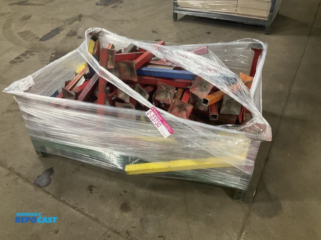 Lot 2-23730 - Metal rack 35.5” x 48.5” full of various size corner posts for stackable racks, used