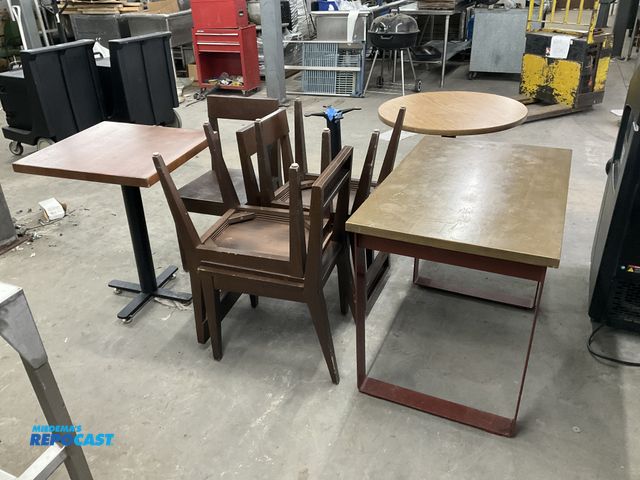 Lot 2-23879 - Restaurant Tables & Chairs Lot including (5) matching wood chairs, (1) 23.5” width x 31” height x 23...