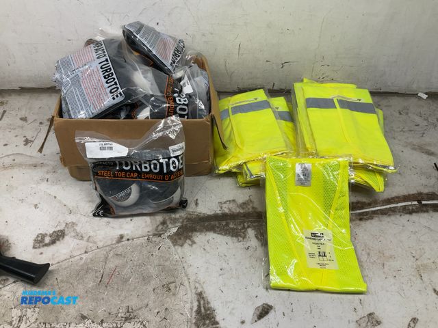 Lot 2-77266 - Lot of Turbo Toe Steel top boot caps and (17) ULine Standard Safety vests size S/M