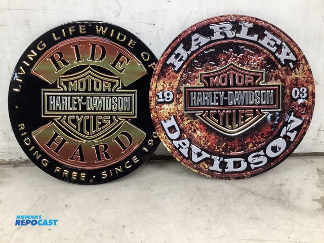 Lot 2-59054 - 2 metal harley davidson embossed signs, 14" round