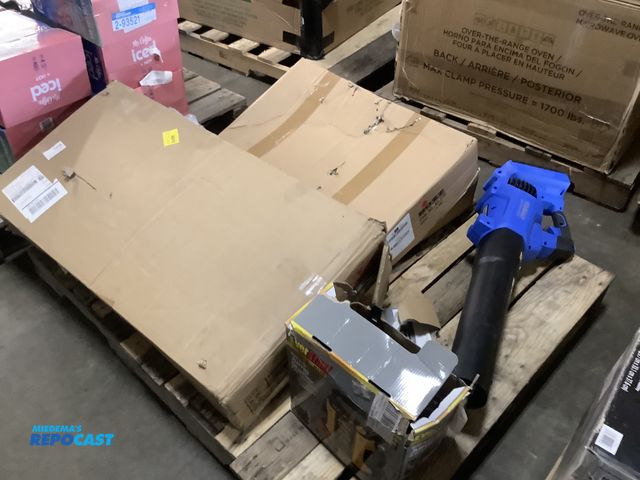 Lot 2-93516 - Skid lot of (4) 1 blue kobalt brushlesh leaf blower, 1 everstart maxx jump starter and air compresso...