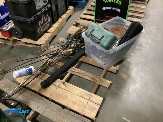 Lot 2-19322 - Skid lot of many fishing poles, (2) tackle boxes and (2) soft cases