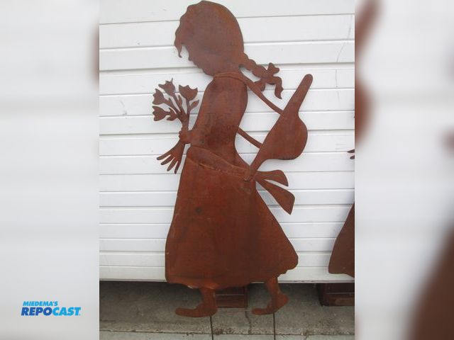 Lot 2-56970 - (2) Metal Silhouette Girls w/ Bonnets &amp; Flowers - 65" t x 28" w - stick in ground