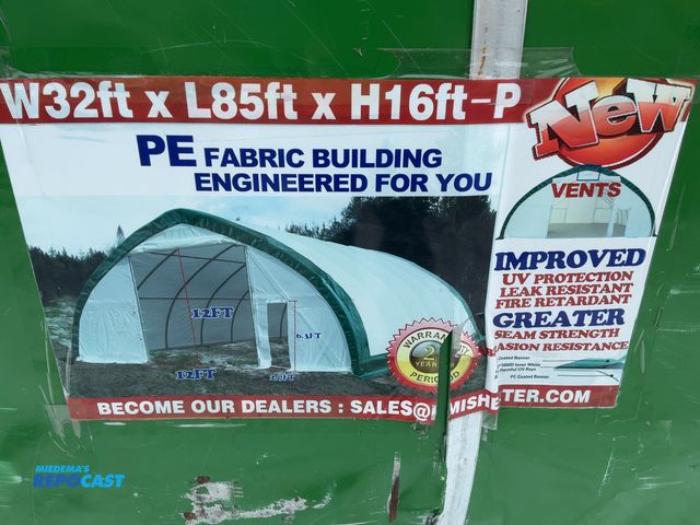 Lot 2-42501 - New Suihe 32'W x 85'L x 16'T PE Fabric Shelter Building, hot dipped galvanized steel tubing, 12'x12'...