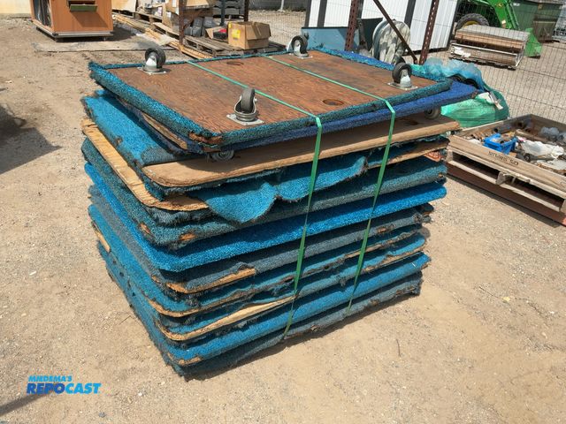 Lot 2-10260 - Stack of (11) Carpeted Wooden 4-Wheel Dollies, 36” x 54”