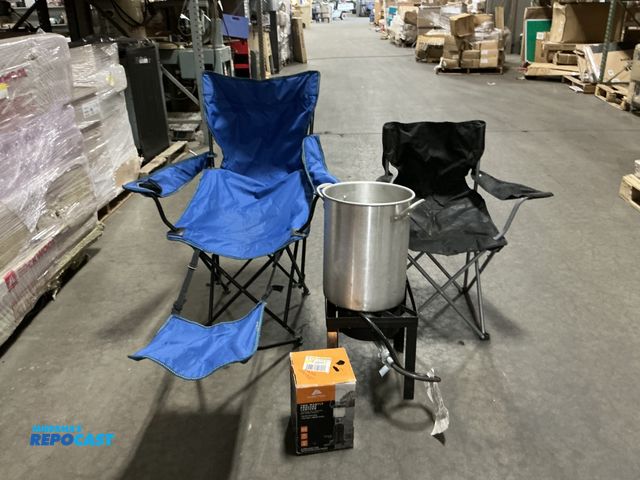 Lot 2-99061 - Lot of camping items including folding camping chairs, ozark trail 2 mantle propane lantern, and an ...
