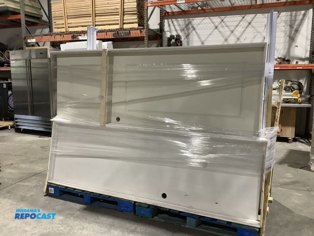 Lot 2-34939 - Skid lot of assorted white doors some with frames, windows, predrilled holes for handles…etc