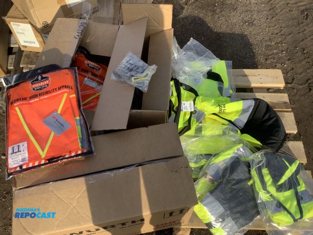 Lot 2-93227 - Skid lot of 8 small morr gear protective vests yellow 1 box of superior hand protection size 8 2 box...