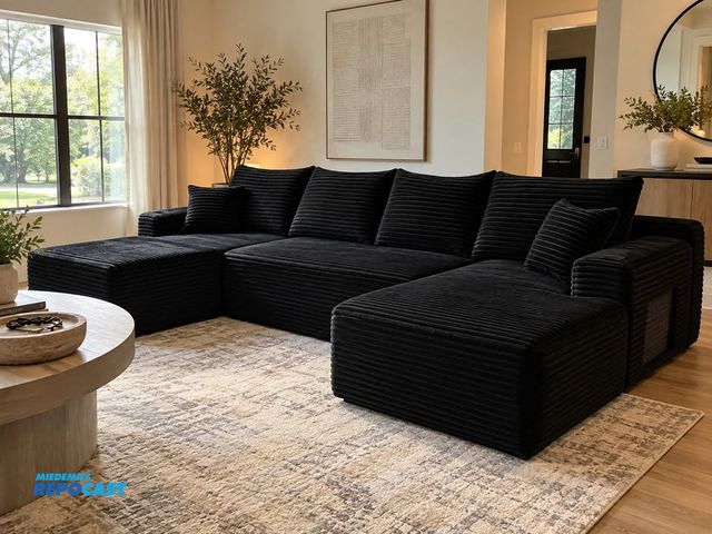 Lot 2-62819 - Black Sectional Sofa 134" Cloud Sectional Sofa with U-Shape Chaise - Modular, Deep Seating