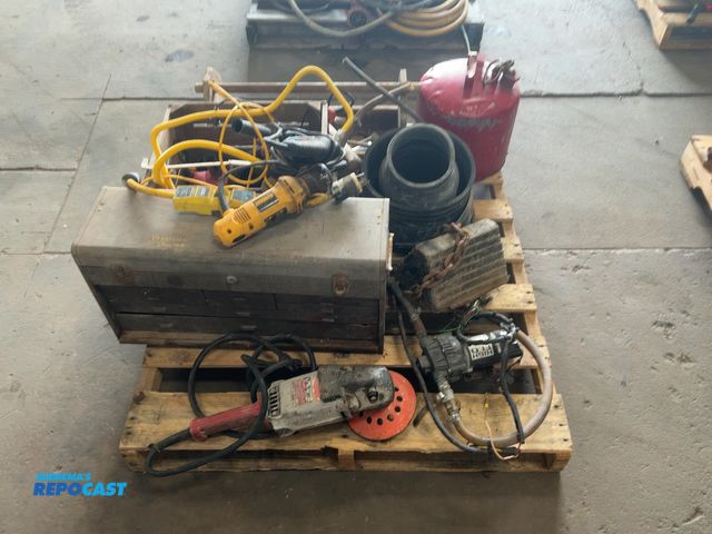Lot 2-40458 - Skid of assorted tools and parts, includes 12 Volt Pump, Milwaukee 7/9" Heavy Duty Sander with concr...