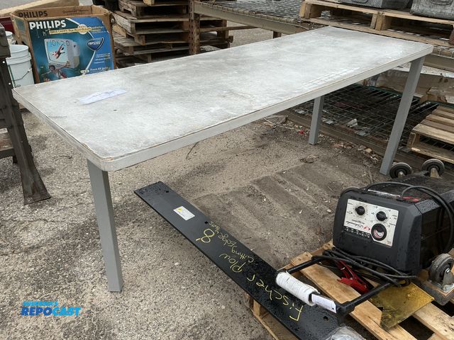 Lot 2-60987 - Gray Industrial 3-leg table - approx. 70.5” x 25” x 29.5” tall