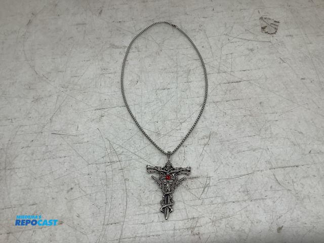 Lot 2-74141 - New Silver gothic dragon sword ( with a red crystal accent) box chain necklace
