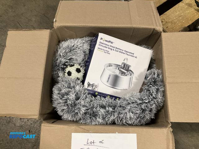 Lot 2-69690 - Box with pet supplies: Paws Pik Stainless Steel Battery-Operated, Circular Dog &amp; Cat Water Fount...