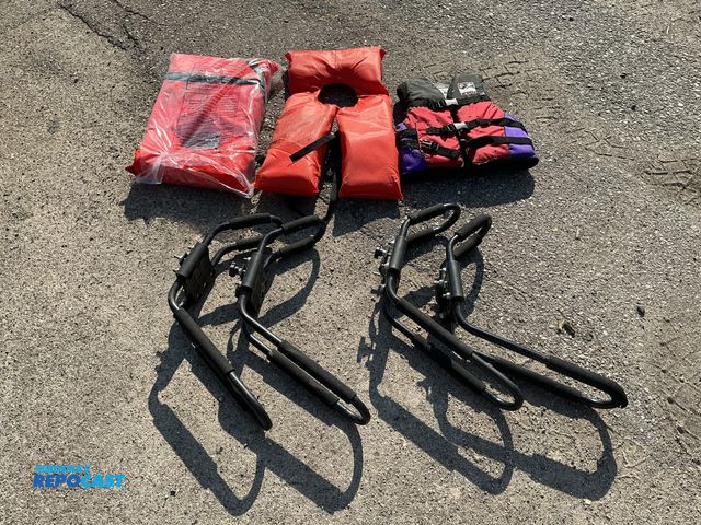 Lot 2-99067 - Camping items including (4) kayak roof racks and (3) life jackets